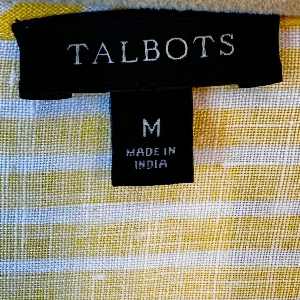 Talbots M Linen Top Yellow White Stripe V Notch Embroidery Beaded Coastal Beach - Picture 3 of 13